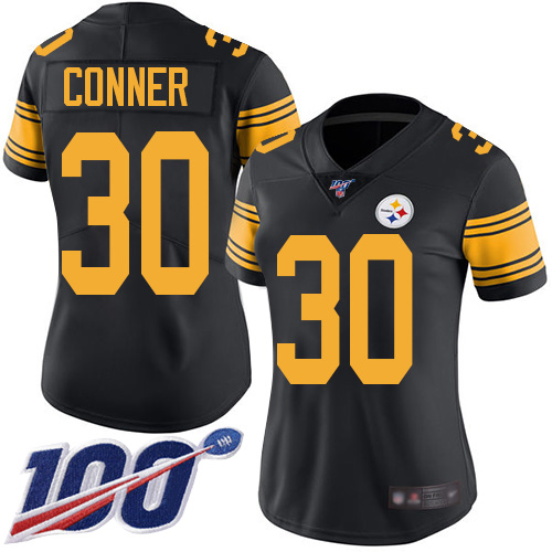 Steelers #30 James Conner Black Women's Stitched Football Limited Rush 100th Season Jersey
