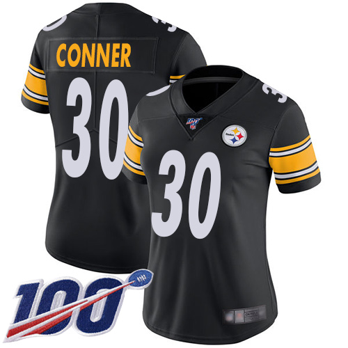 Steelers #30 James Conner Black Team Color Women's Stitched Football 100th Season Vapor Limited Jersey
