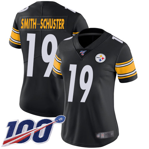 Steelers #19 JuJu Smith-Schuster Black Team Color Women's Stitched Football 100th Season Vapor Limited Jersey