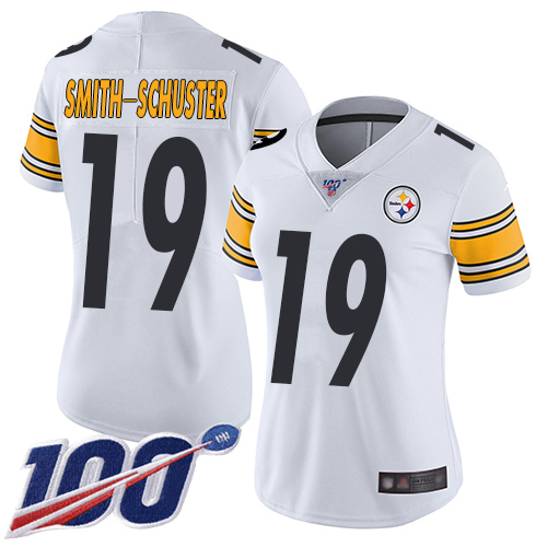 Steelers #19 JuJu Smith-Schuster White Women's Stitched Football 100th Season Vapor Limited Jersey