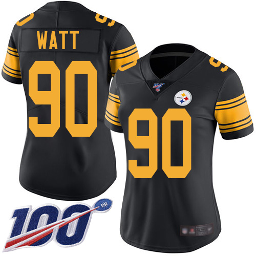 Steelers #90 T. J. Watt Black Women's Stitched Football Limited Rush 100th Season Jersey