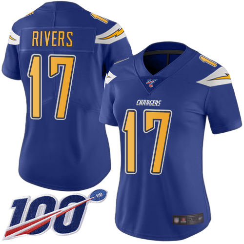 Chargers #17 Philip Rivers Electric Blue Women's Stitched Football Limited Rush 100th Season Jersey