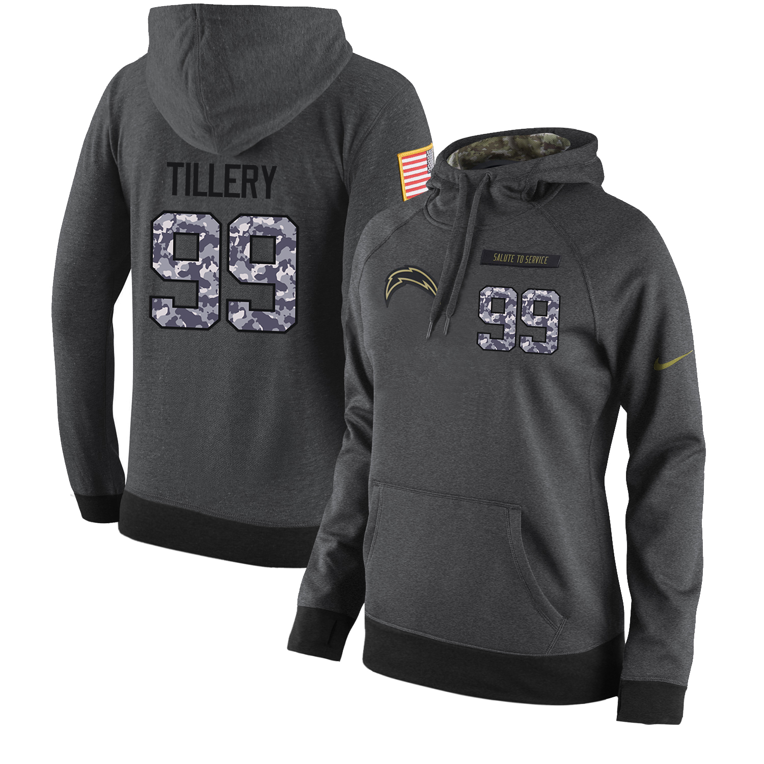 Football Women's Los Angeles Chargers #99 Jerry Tillery Stitched Black Anthracite Salute to Service Player Performance Hoodie