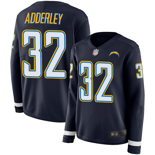 Chargers #32 Nasir Adderley Navy Blue Team Color Women's Stitched Football Limited Therma Long Sleeve Jersey