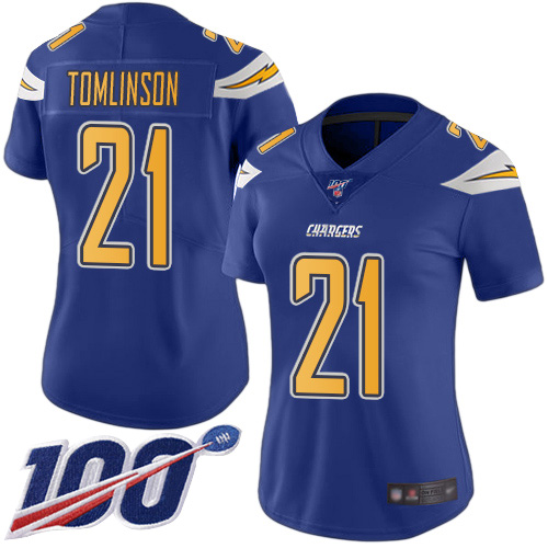 Chargers #21 LaDainian Tomlinson Electric Blue Women's Stitched Football Limited Rush 100th Season Jersey
