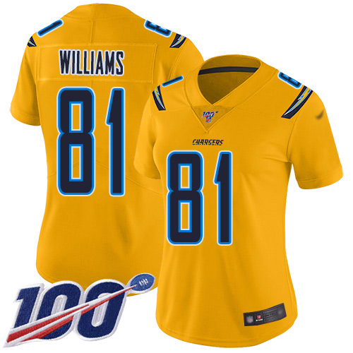 Chargers #81 Mike Williams Gold Women's Stitched Football Limited Inverted Legend 100th Season Jersey