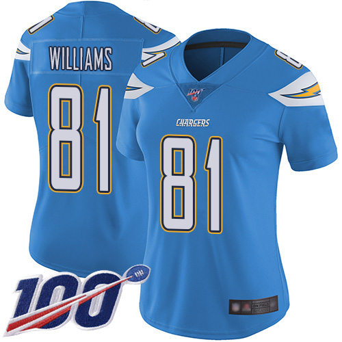 Chargers #81 Mike Williams Electric Blue Alternate Women's Stitched Football 100th Season Vapor Limited Jersey