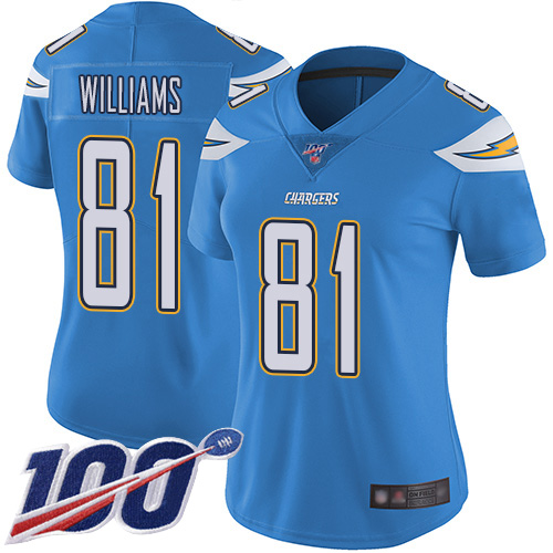 Chargers #81 Mike Williams Electric Blue Alternate Women's Stitched Football 100th Season Vapor Limited Jersey Chargers #81 Mike Williams Electric Blue Alternate Women's Stitched Football 100th Season Vapor Limited Jersey