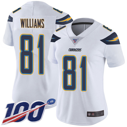 Chargers #81 Mike Williams White Women's Stitched Football 100th Season Vapor Limited Jersey