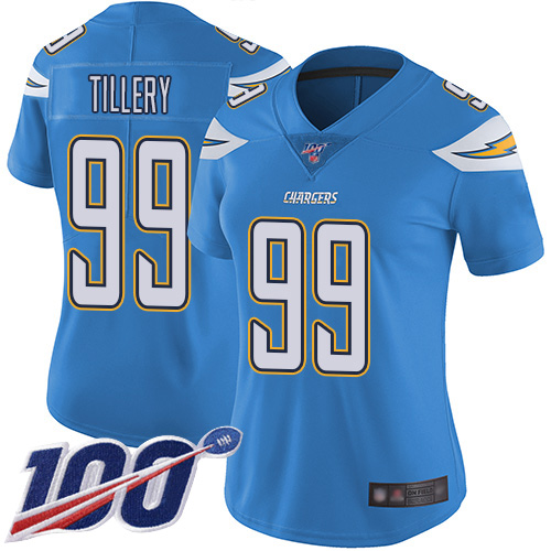 Chargers #99 Jerry Tillery Electric Blue Alternate Women's Stitched Football 100th Season Vapor Limited Jersey