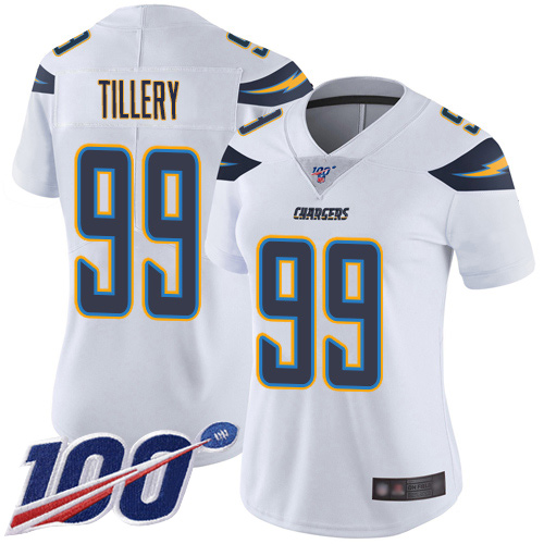 Chargers #99 Jerry Tillery White Women's Stitched Football 100th Season Vapor Limited Jersey