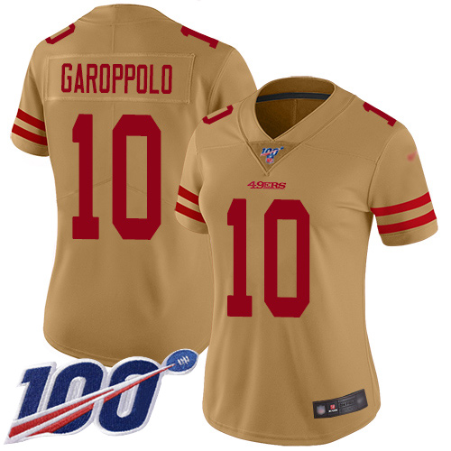 49ers #10 Jimmy Garoppolo Gold Women's Stitched Football Limited Inverted Legend 100th Season Jersey