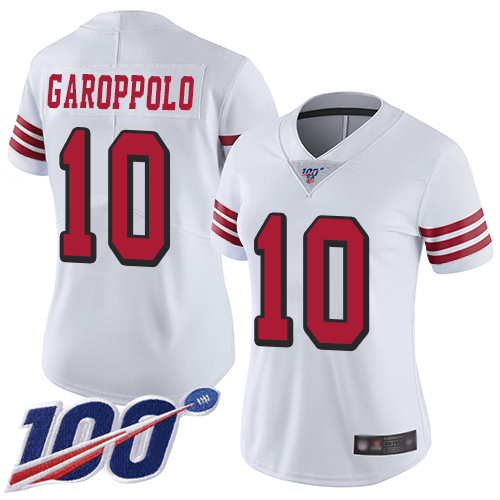 49ers #10 Jimmy Garoppolo White Rush Women's Stitched Football Limited 100th Season Jersey