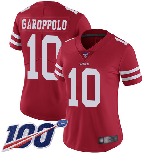 49ers #10 Jimmy Garoppolo Red Team Color Women's Stitched Football 100th Season Vapor Limited Jersey