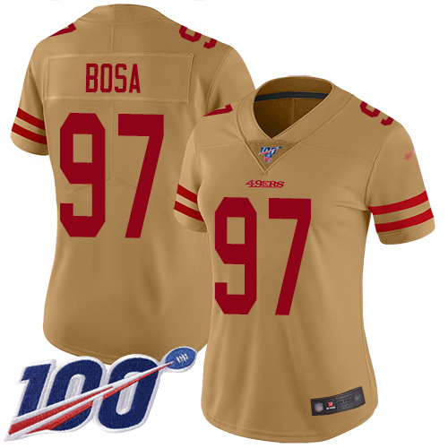 49ers #97 Nick Bosa Gold Women's Stitched Football Limited Inverted Legend 100th Season Jersey