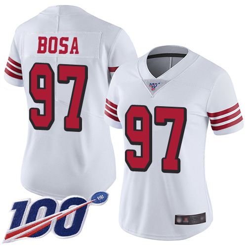 49ers #97 Nick Bosa White Rush Women's Stitched Football Limited 100th Season Jersey