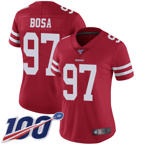 49ers #97 Nick Bosa Red Team Color Women's Stitched Football 100th Season Vapor Limited Jersey