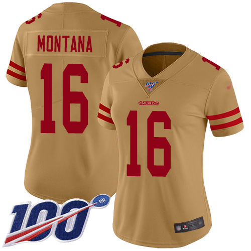 49ers #16 Joe Montana Gold Women's Stitched Football Limited Inverted Legend 100th Season Jersey