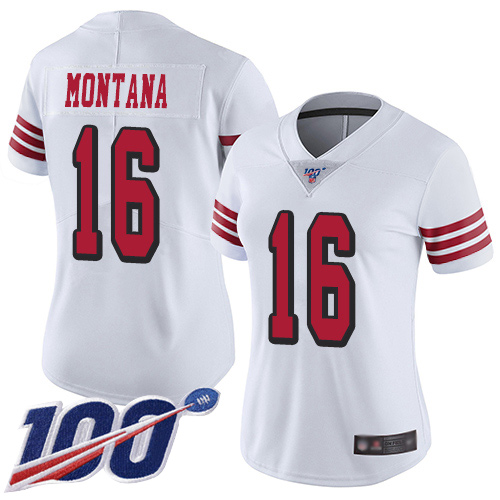 49ers #16 Joe Montana White Rush Women's Stitched Football Limited 100th Season Jersey