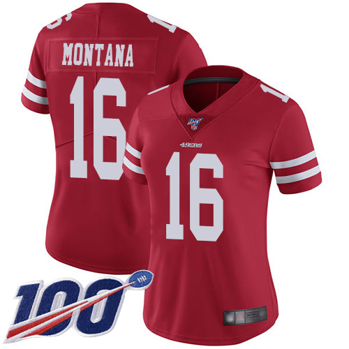 49ers #16 Joe Montana Red Team Color Women's Stitched Football 100th Season Vapor Limited Jersey