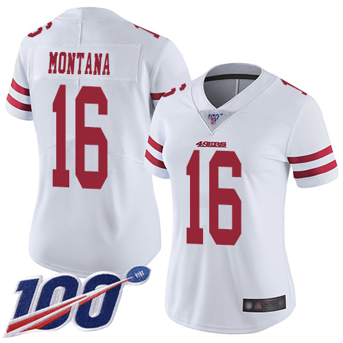 49ers #16 Joe Montana White Women's Stitched Football 100th Season Vapor Limited Jersey