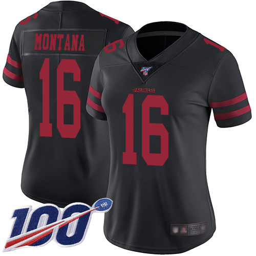 49ers #16 Joe Montana Black Alternate Women's Stitched Football 100th Season Vapor Limited Jersey