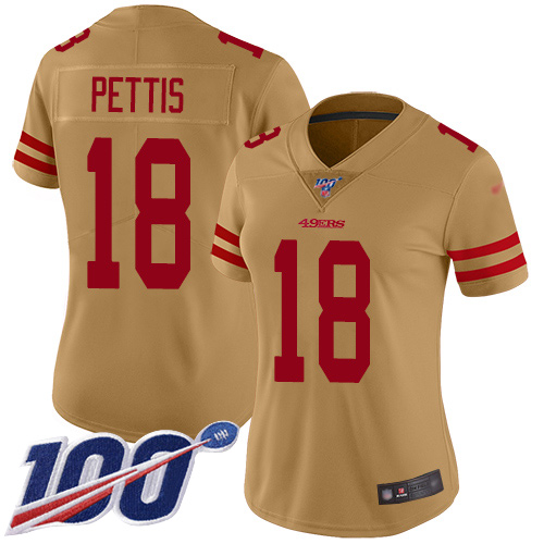 49ers #18 Dante Pettis Gold Women's Stitched Football Limited Inverted Legend 100th Season Jersey