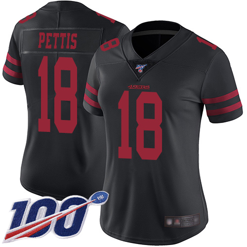 49ers #18 Dante Pettis Black Alternate Women's Stitched Football 100th Season Vapor Limited Jersey