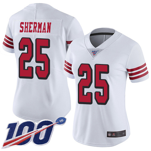 49ers #25 Richard Sherman White Rush Women's Stitched Football Limited 100th Season Jersey