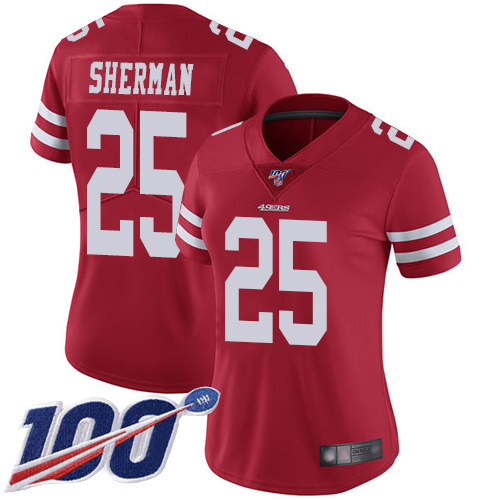 49ers #25 Richard Sherman Red Team Color Women's Stitched Football 100th Season Vapor Limited Jersey