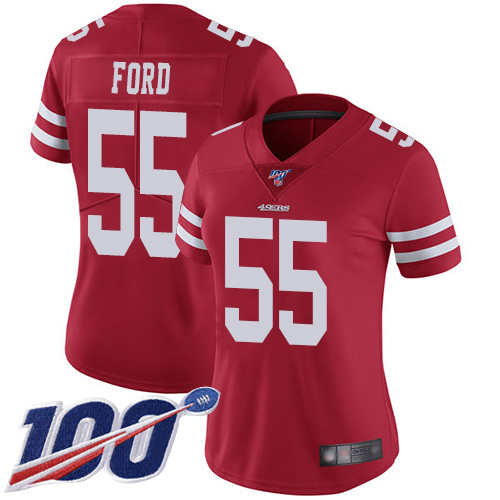 49ers #55 Dee Ford Red Team Color Women's Stitched Football 100th Season Vapor Limited Jersey