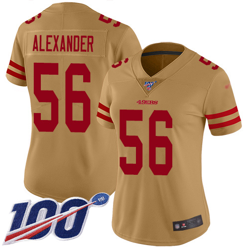 49ers #56 Kwon Alexander Gold Women's Stitched Football Limited Inverted Legend 100th Season Jersey