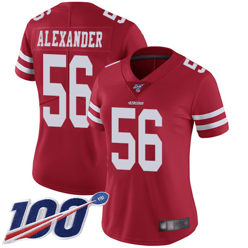 49ers #56 Kwon Alexander Red Team Color Women's Stitched Football 100th Season Vapor Limited Jersey