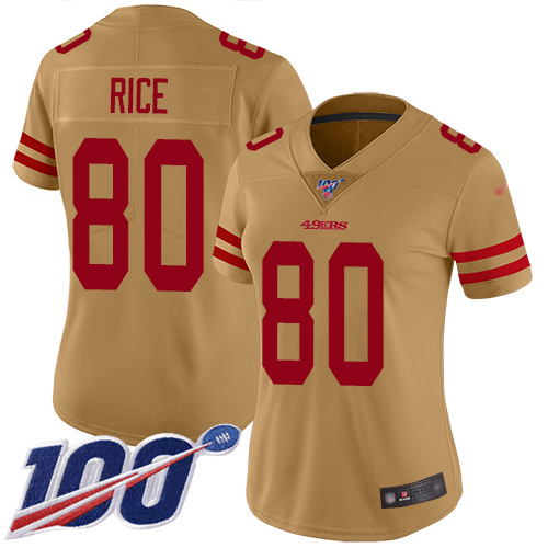 49ers #80 Jerry Rice Gold Women's Stitched Football Limited Inverted Legend 100th Season Jersey