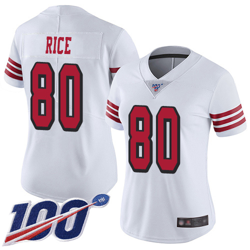 49ers #80 Jerry Rice White Rush Women's Stitched Football Limited 100th Season Jersey