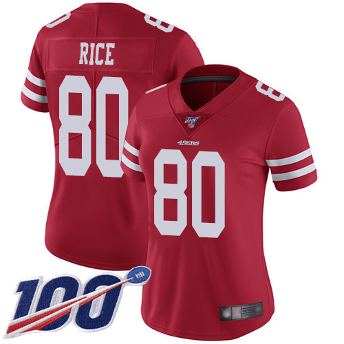 49ers #80 Jerry Rice Red Team Color Women's Stitched Football 100th Season Vapor Limited Jersey