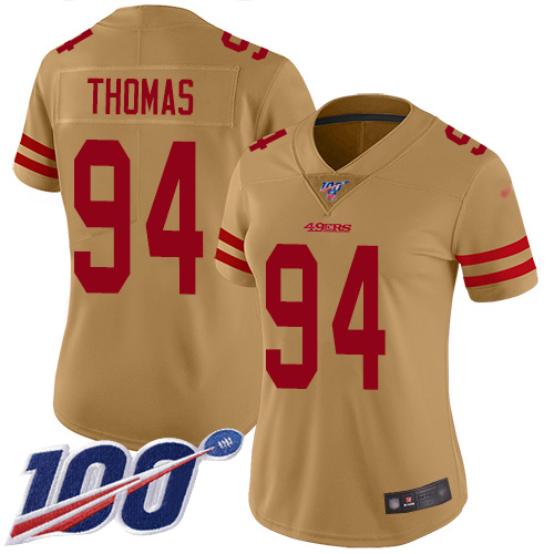 49ers #94 Solomon Thomas Gold Women's Stitched Football Limited Inverted Legend 100th Season Jersey