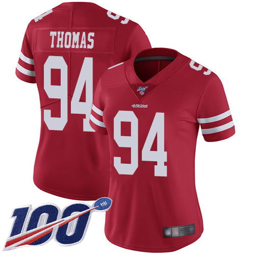 49ers #94 Solomon Thomas Red Team Color Women's Stitched Football 100th Season Vapor Limited Jersey