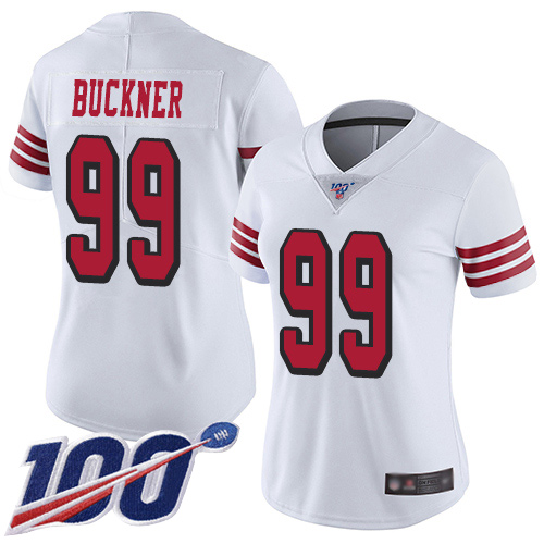 49ers #99 DeForest Buckner White Rush Women's Stitched Football Limited 100th Season Jersey