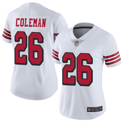 49ers #26 Tevin Coleman White Rush Women's Stitched Football Vapor Untouchable Limited Jersey