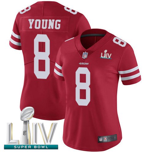 49ers #8 Steve Young Red Team Color Super Bowl LIV Bound Women's Stitched Football Vapor Untouchable Limited Jersey