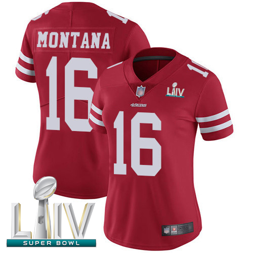 49ers #16 Joe Montana Red Team Color Super Bowl LIV Bound Women's Stitched Football Vapor Untouchable Limited Jersey