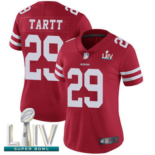 49ers #29 Jaquiski Tartt Red Team Color Super Bowl LIV Bound Women's Stitched Football Vapor Untouchable Limited Jersey