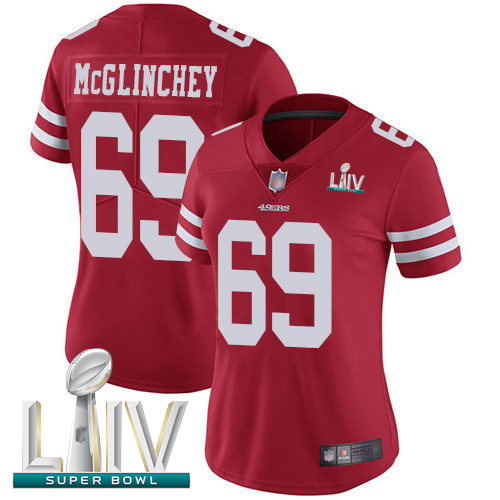 49ers #69 Mike McGlinchey Red Team Color Super Bowl LIV Bound Women's Stitched Football Vapor Untouchable Limited Jersey