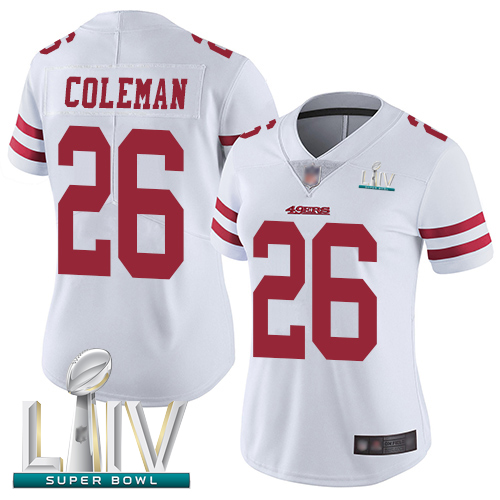 49ers #26 Tevin Coleman White Super Bowl LIV Bound Women's Stitched Football Vapor Untouchable Limited Jersey