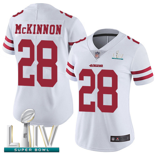 49ers #28 Jerick McKinnon White Super Bowl LIV Bound Women's Stitched Football Vapor Untouchable Limited Jersey