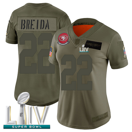 49ers #22 Matt Breida Camo Super Bowl LIV Bound Women's Stitched Football Limited 2019 Salute to Service Jersey