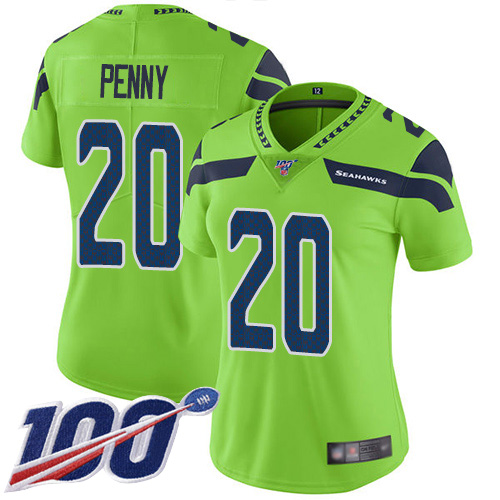 Seahawks #20 Rashaad Penny Green Women's Stitched Football Limited Rush 100th Season Jersey