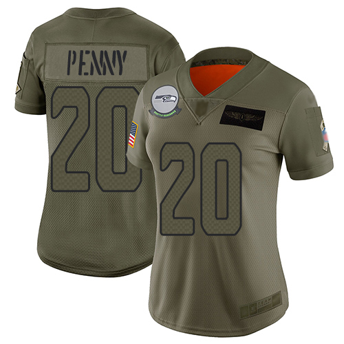 Seahawks #20 Rashaad Penny Camo Women's Stitched Football Limited 2019 Salute to Service Jersey