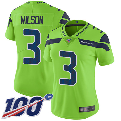 Seahawks #3 Russell Wilson Green Women's Stitched Football Limited Rush 100th Season Jersey